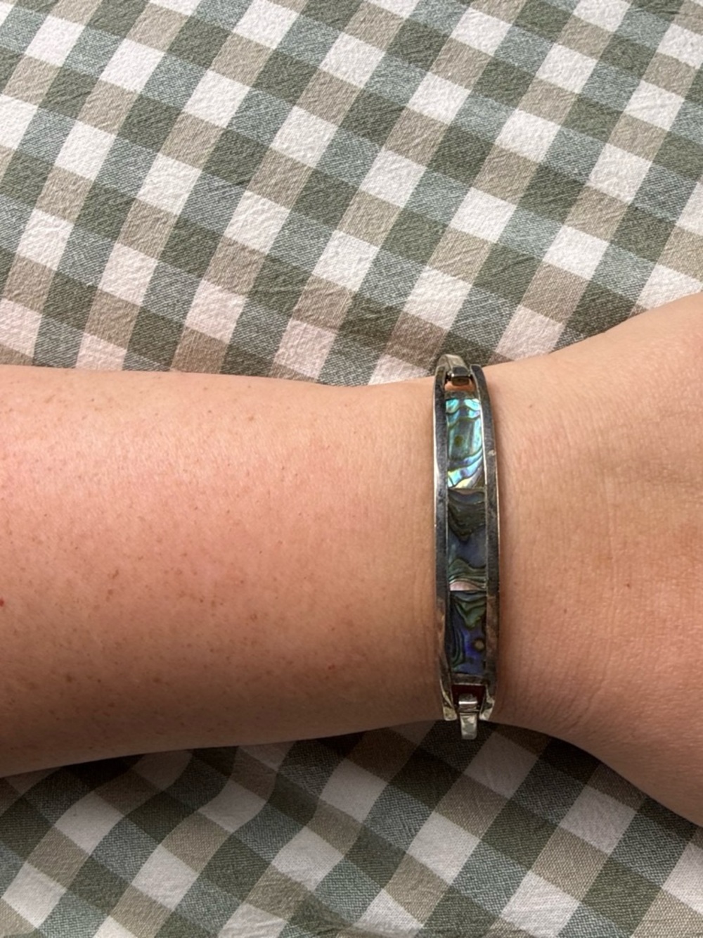 Abalone Inlay Silver-Tone Hinged Bracelet - Iridescent Blue-Green